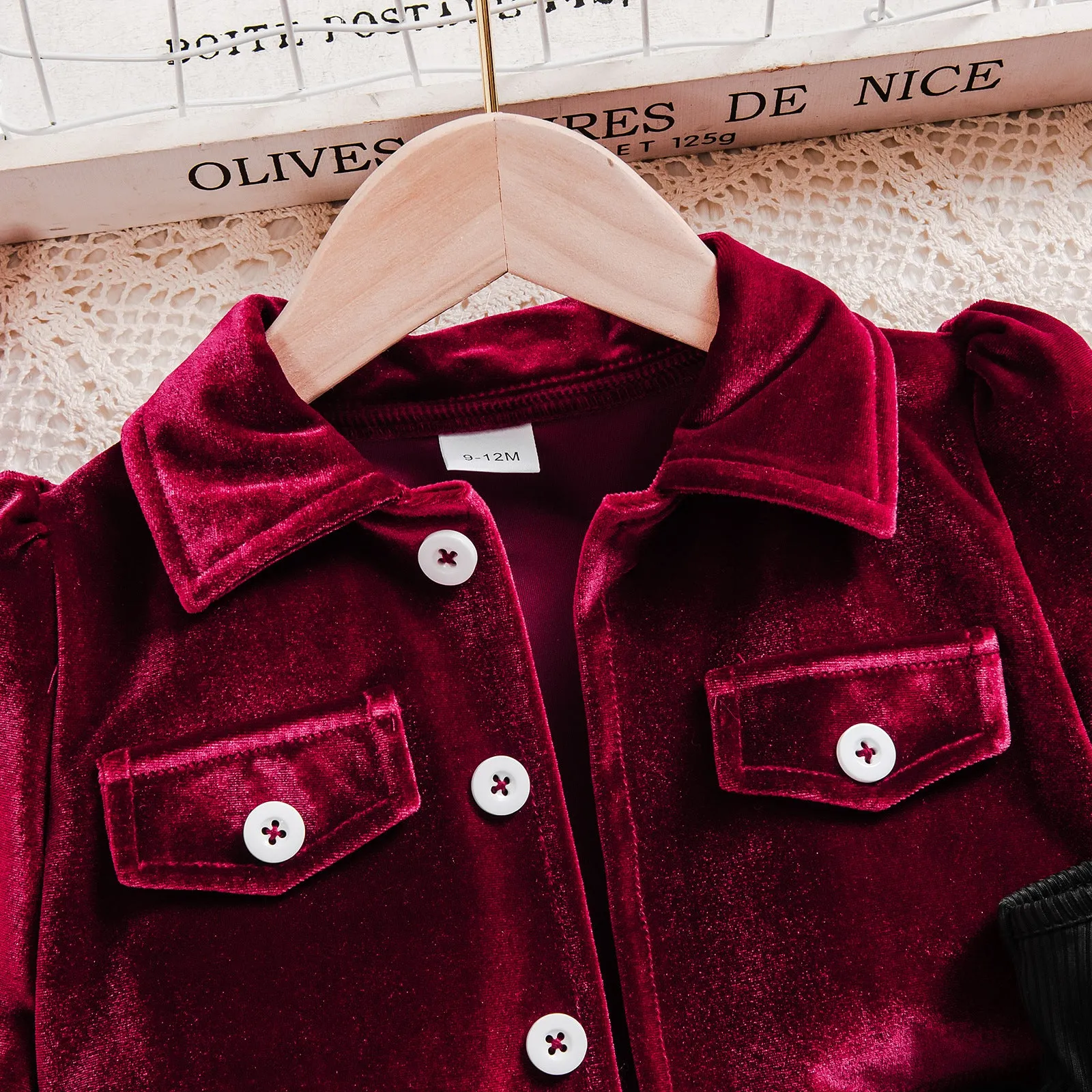 Baby girl jacket and bow strapless dress set in red solid colour with floral print long pants
