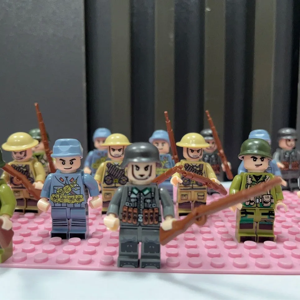 Small particle WWII military building block soldier minifigure toy set in plastic with British, American, German, and Chinese army options