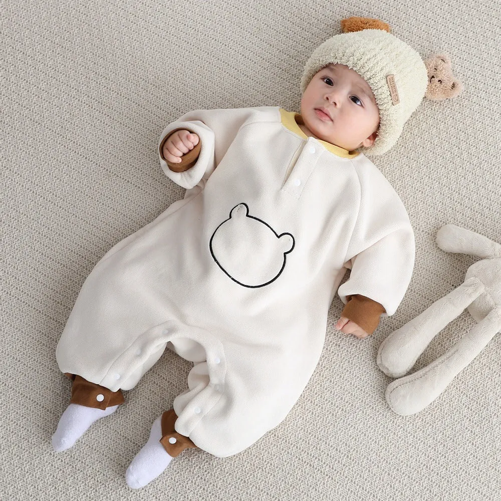 Thick Oli Fleece baby romper in Little Bear purple, a fleece-lined jumpsuit with long sleeves for spring autumn winter wear