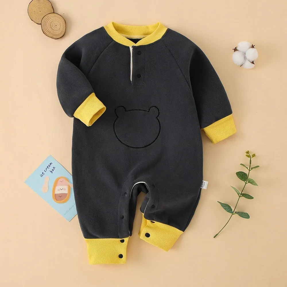 Thick Oli Fleece baby romper in Little Bear purple, a fleece-lined jumpsuit with long sleeves for spring autumn winter wear