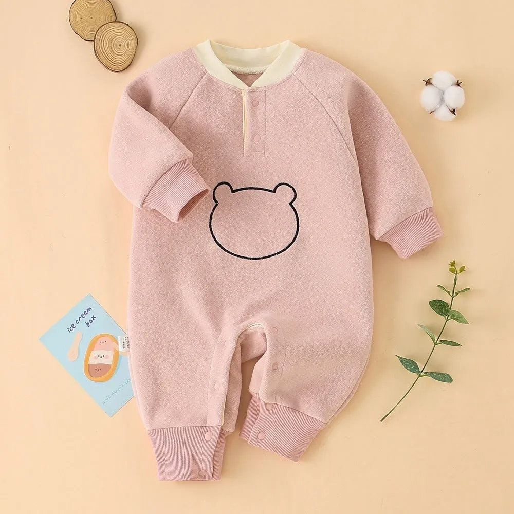 Thick Oli Fleece baby romper in Little Bear purple, a fleece-lined jumpsuit with long sleeves for spring autumn winter wear