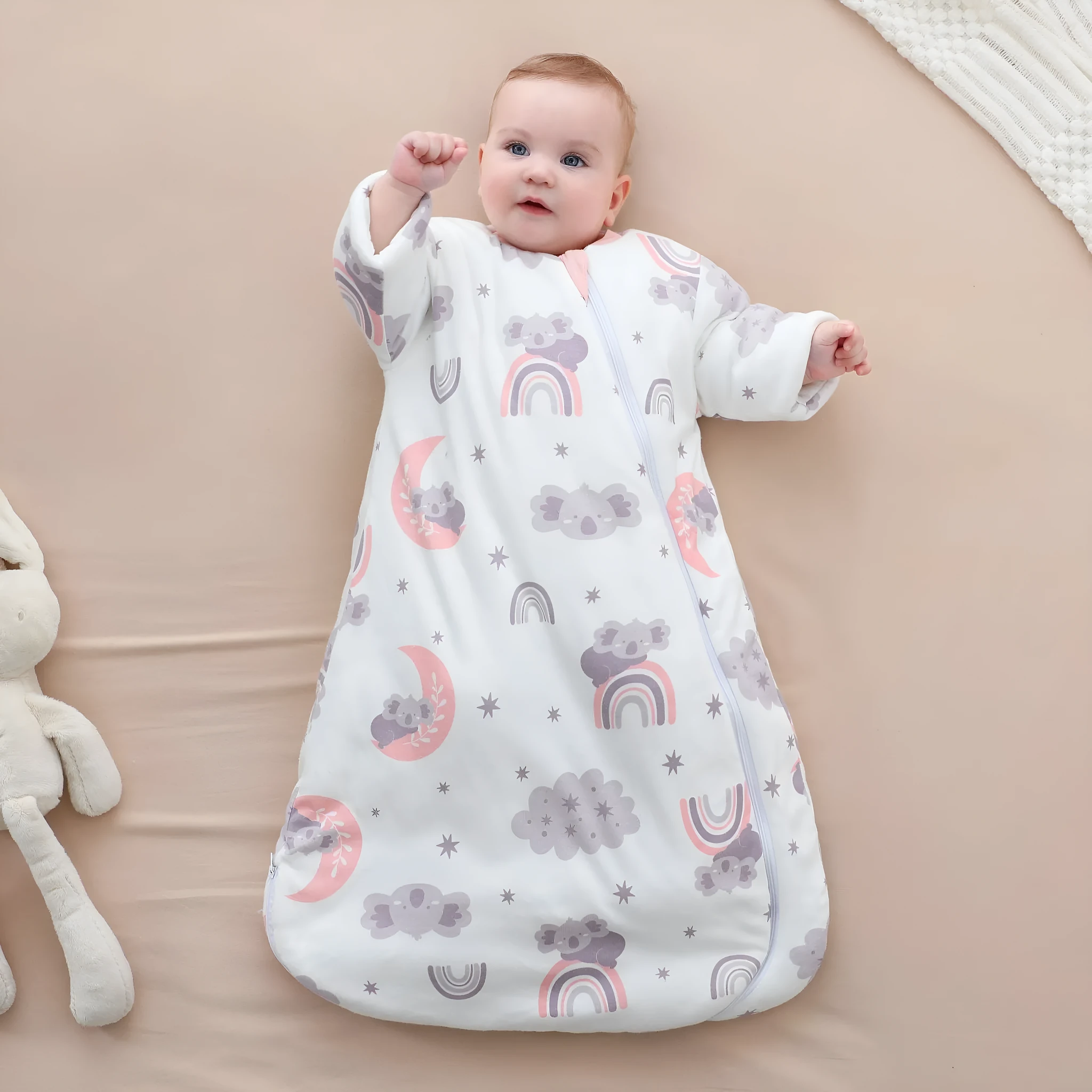 Baby pure cotton thickened anti-kick quilt sleeping bag with cartoon pattern in rainbow pink colour for toddlers 1-3 years
