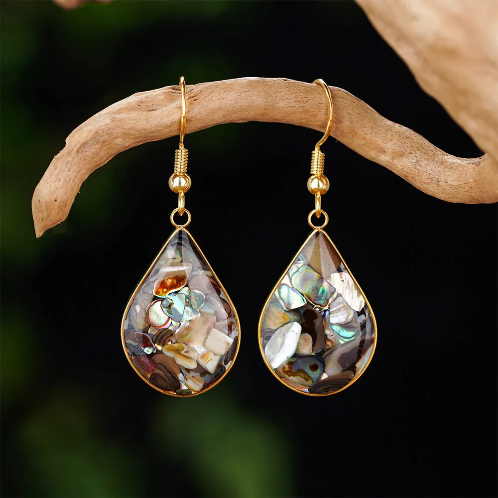French retro teardrop-shaped abalone and shellfish earrings in 18K gold finish
