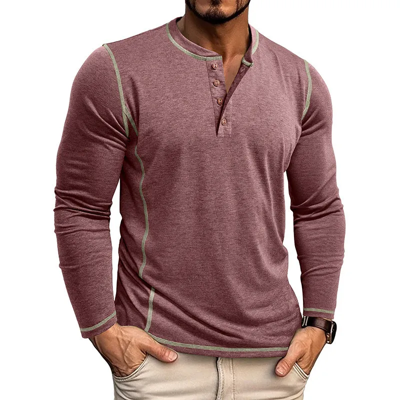 Men's cotton blend Henley shirt with four-button top, slim fit, available in blue, sizes S to 3XL