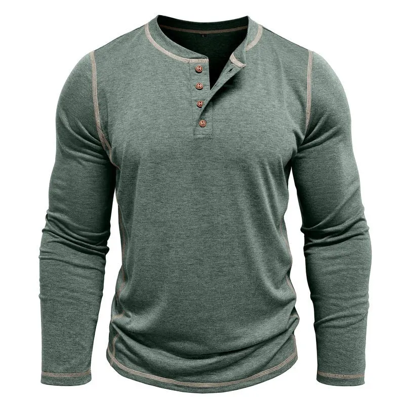 Men's cotton blend Henley shirt with four-button top, slim fit, available in blue, sizes S to 3XL