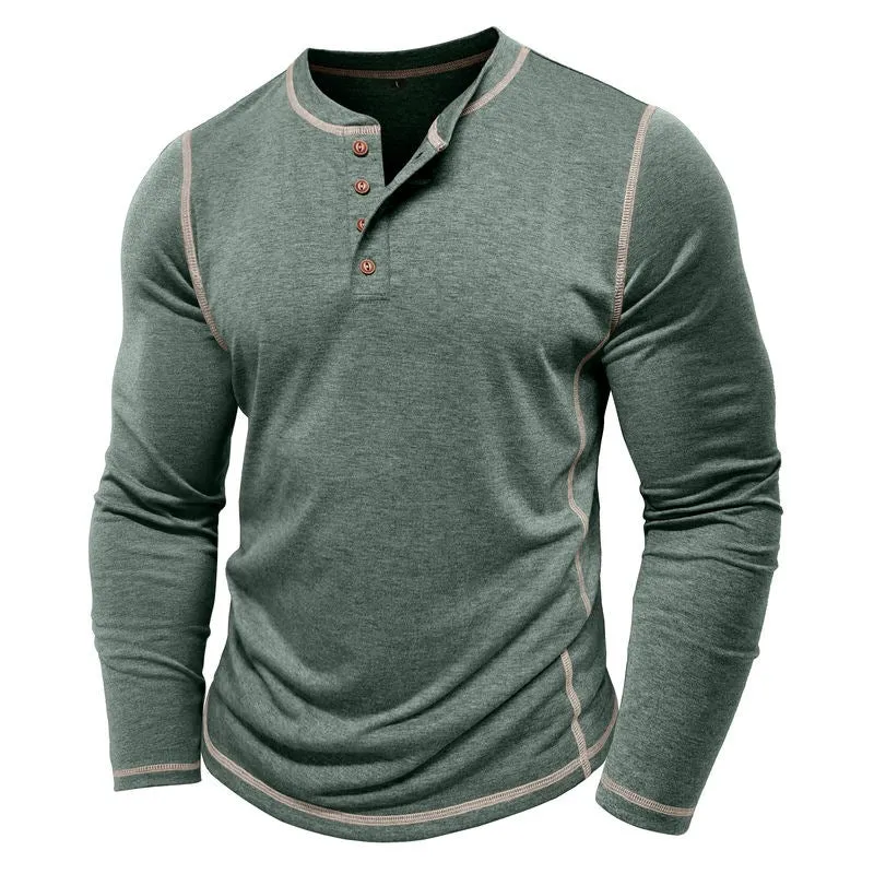 Men's cotton blend Henley shirt with four-button top, slim fit, available in blue, sizes S to 3XL