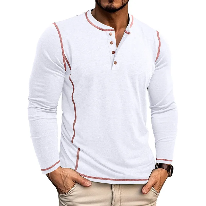 Men's cotton blend Henley shirt with four-button top, slim fit, available in blue, sizes S to 3XL