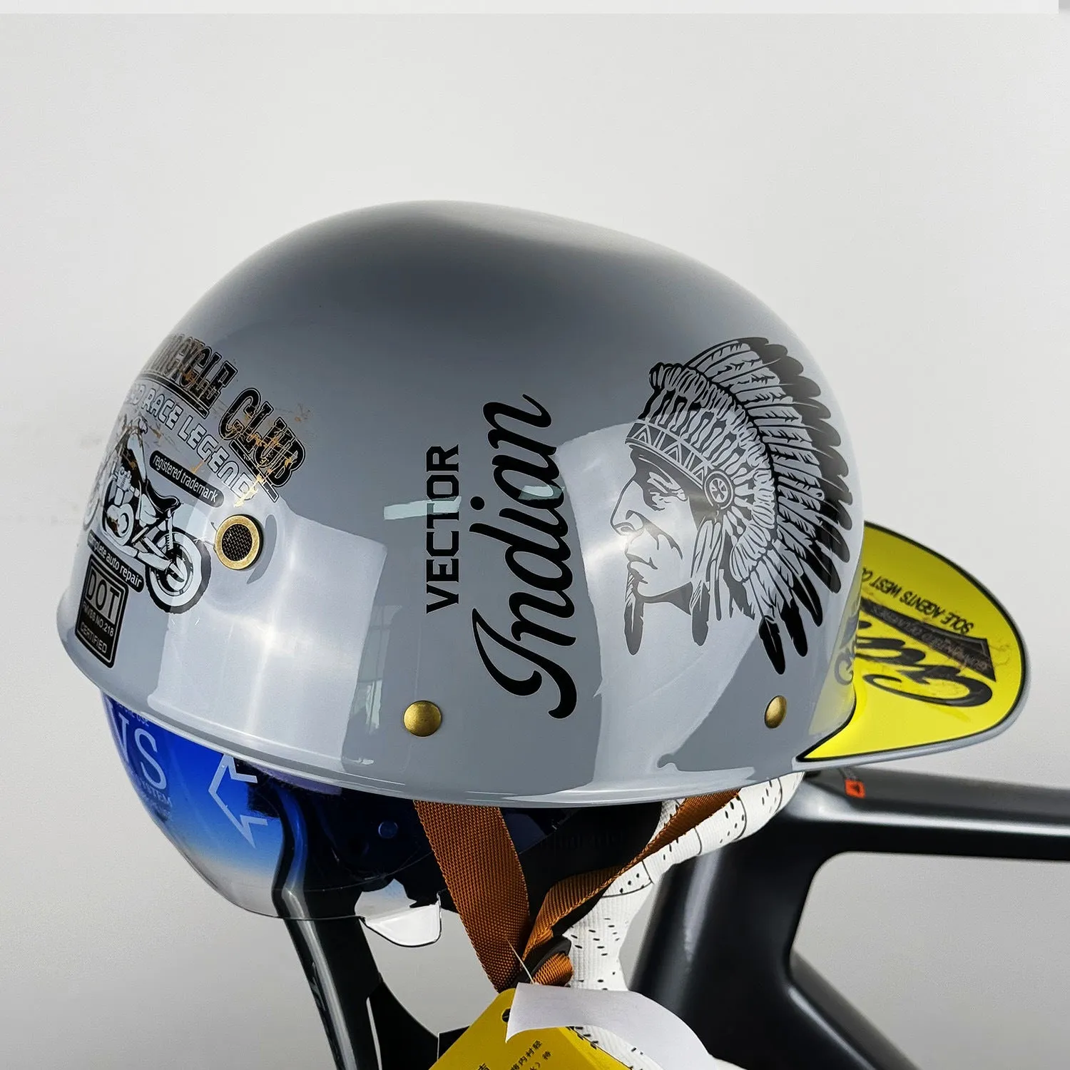 ABS motorcycle helmet in Black Feather design with blue lens visor, side view