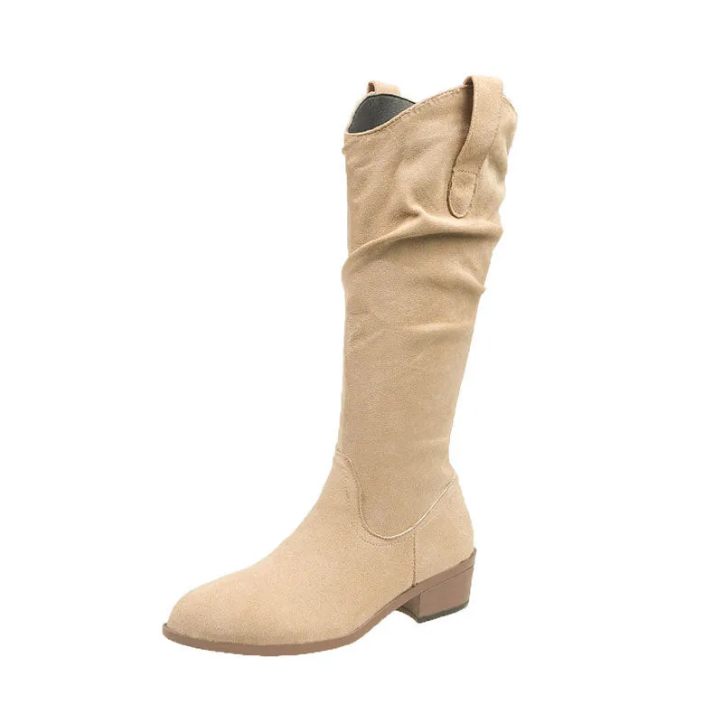 Chunky heel high-top riding boots for women in cloth khaki microfiber with block heel and round toe