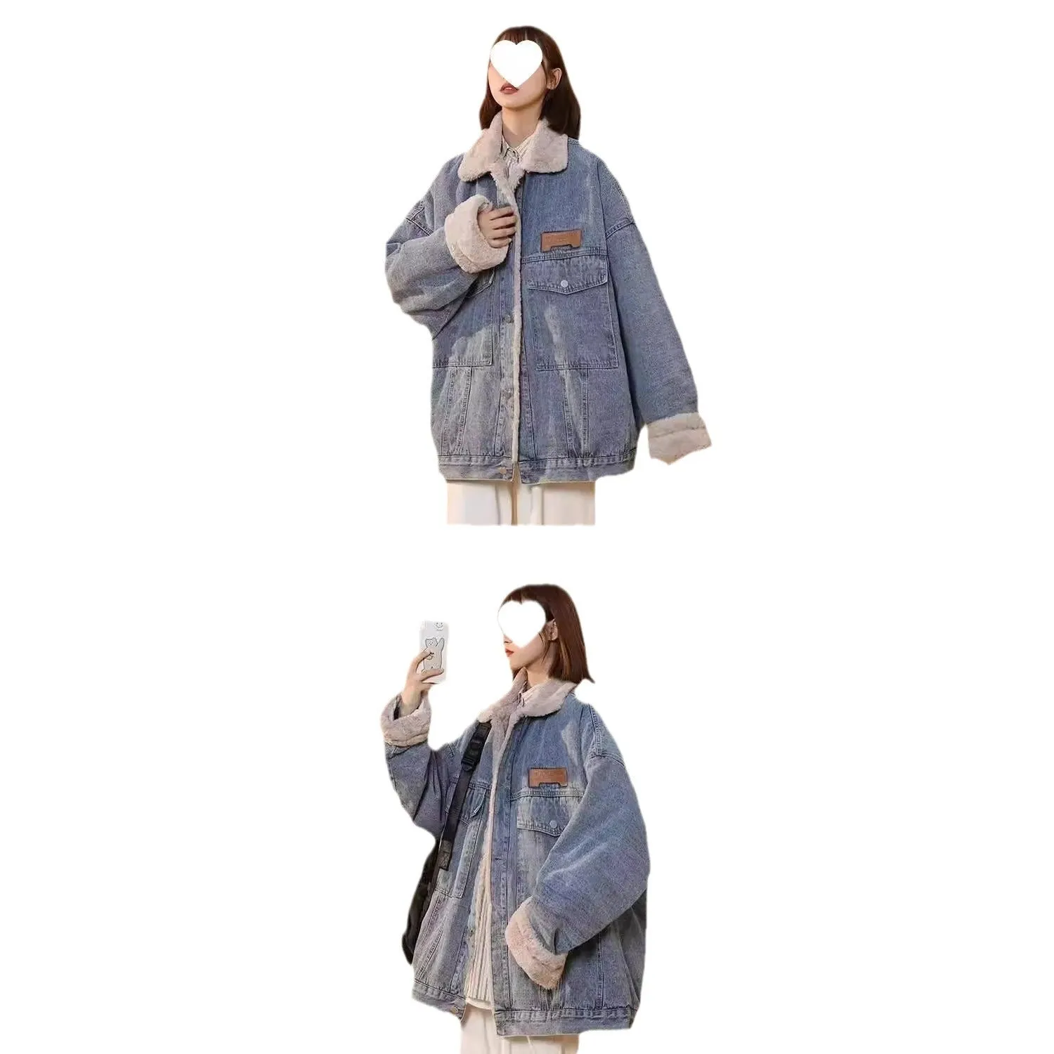 Hong Kong style denim jacket with lamb fur for women, blue, long sleeves, literary retro design