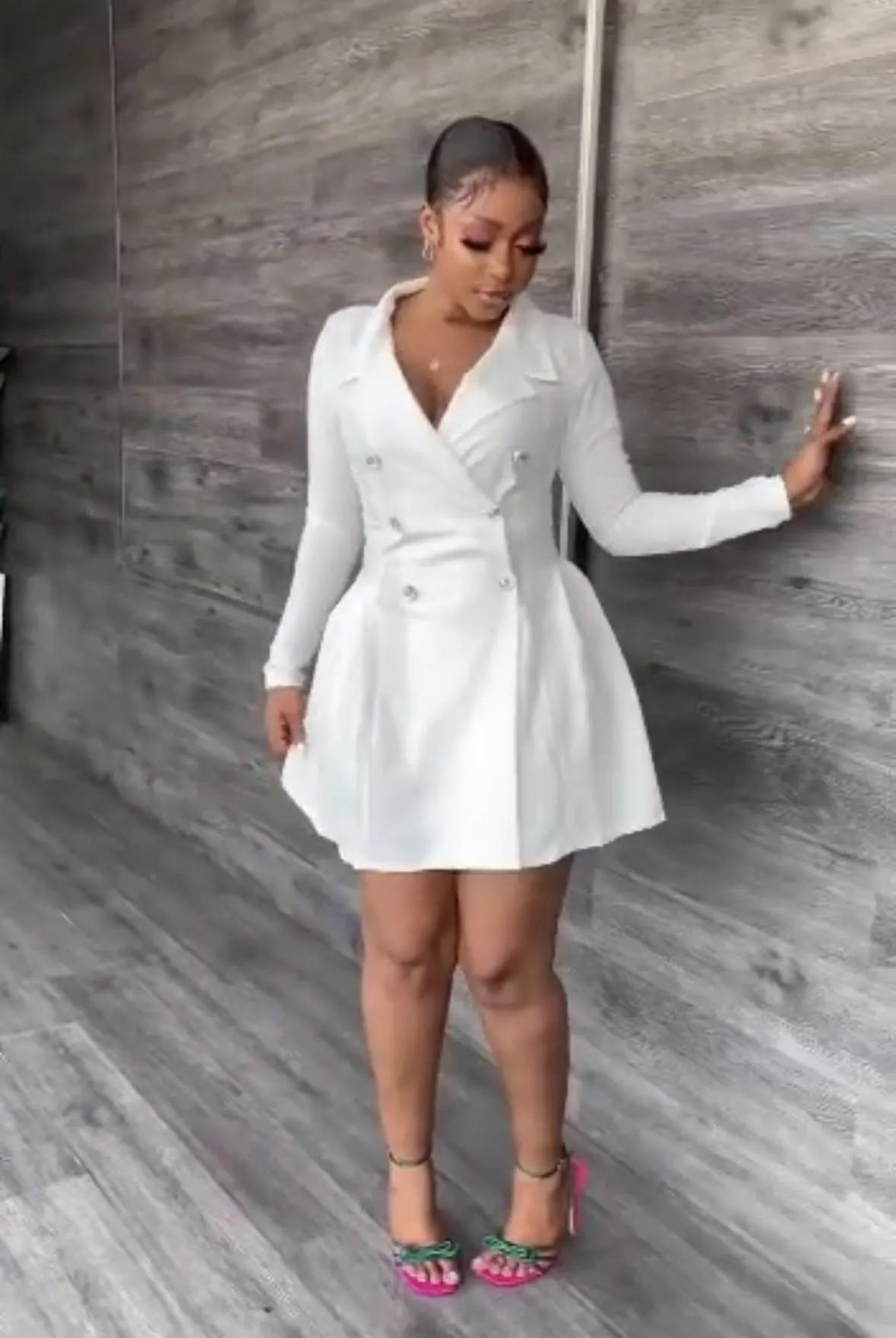 White lapel long sleeve pencil suit dress with button front and mid waist, polyester fibre, shown front view