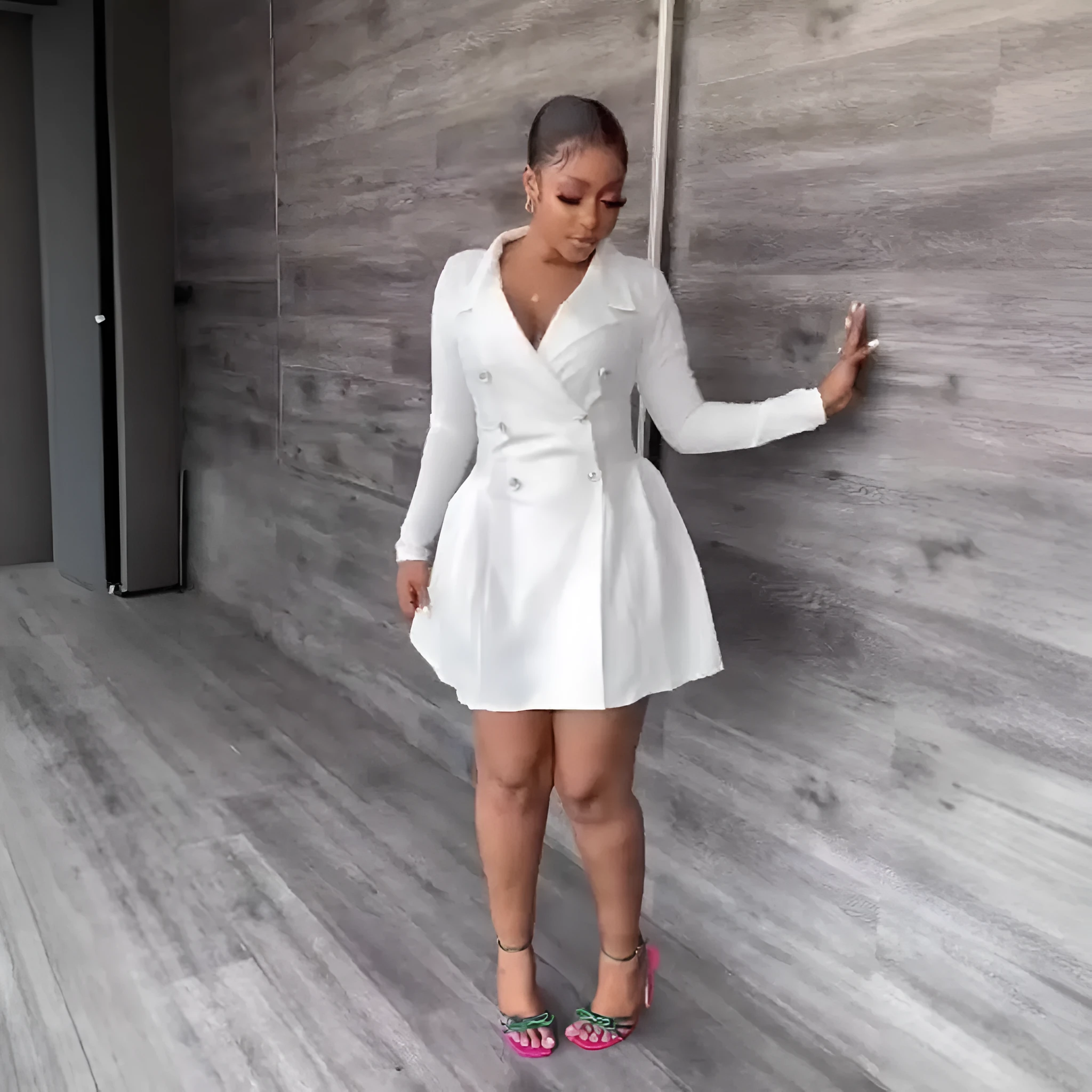 White lapel long sleeve pencil suit dress with button front and mid waist, polyester fibre, shown front view