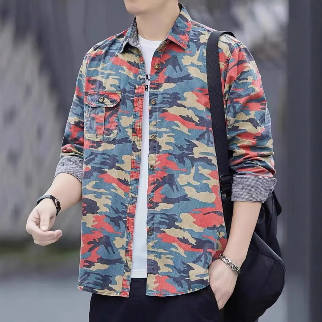 Retro loose camouflage long sleeve jacket for men, green colour, cotton blend fabric, cardigan style with relaxed fit