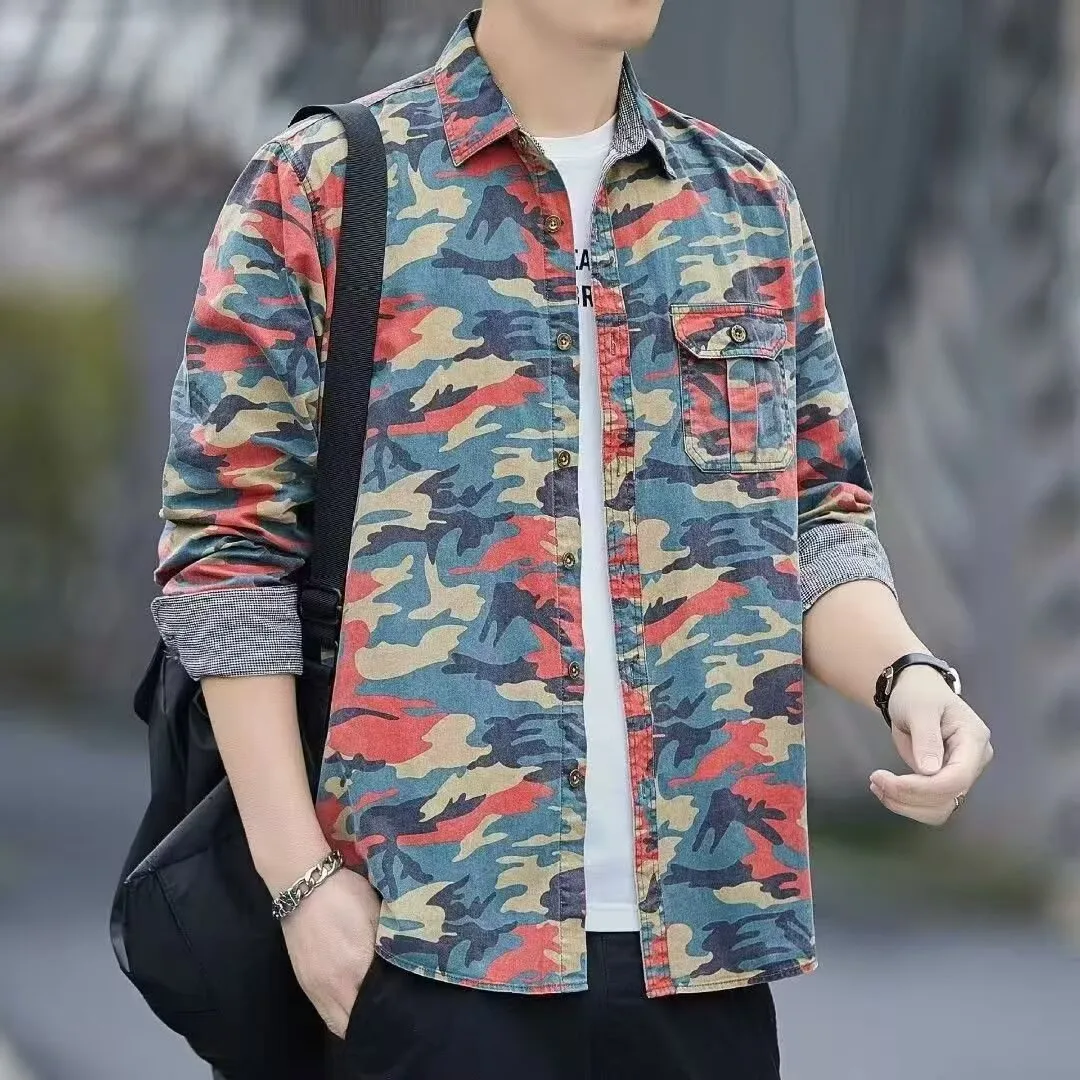 Retro loose camouflage long sleeve jacket for men, green colour, cotton blend fabric, cardigan style with relaxed fit