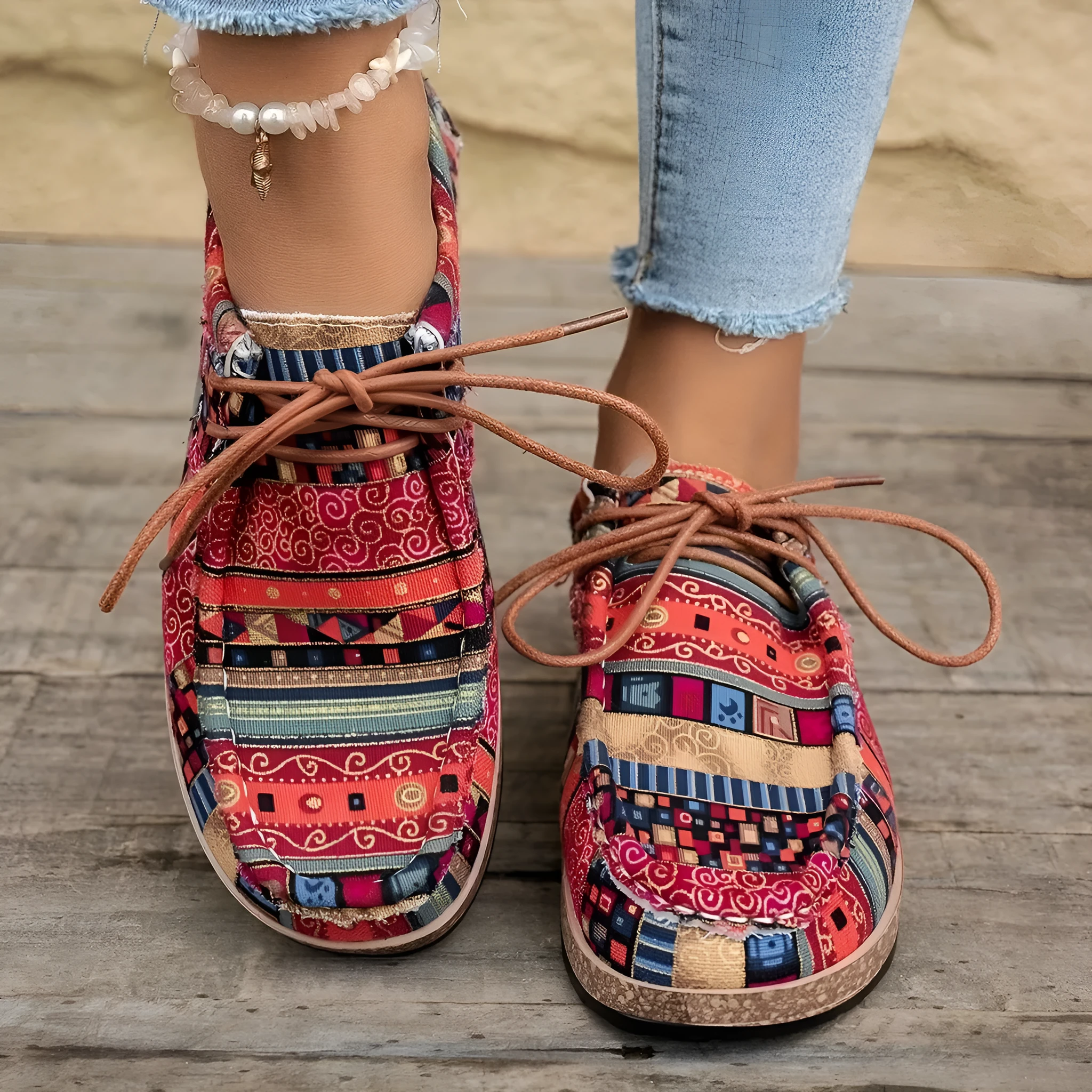 Thick-soled colorful ethnic retro sneakers in blue with fabric upper and rubber sole