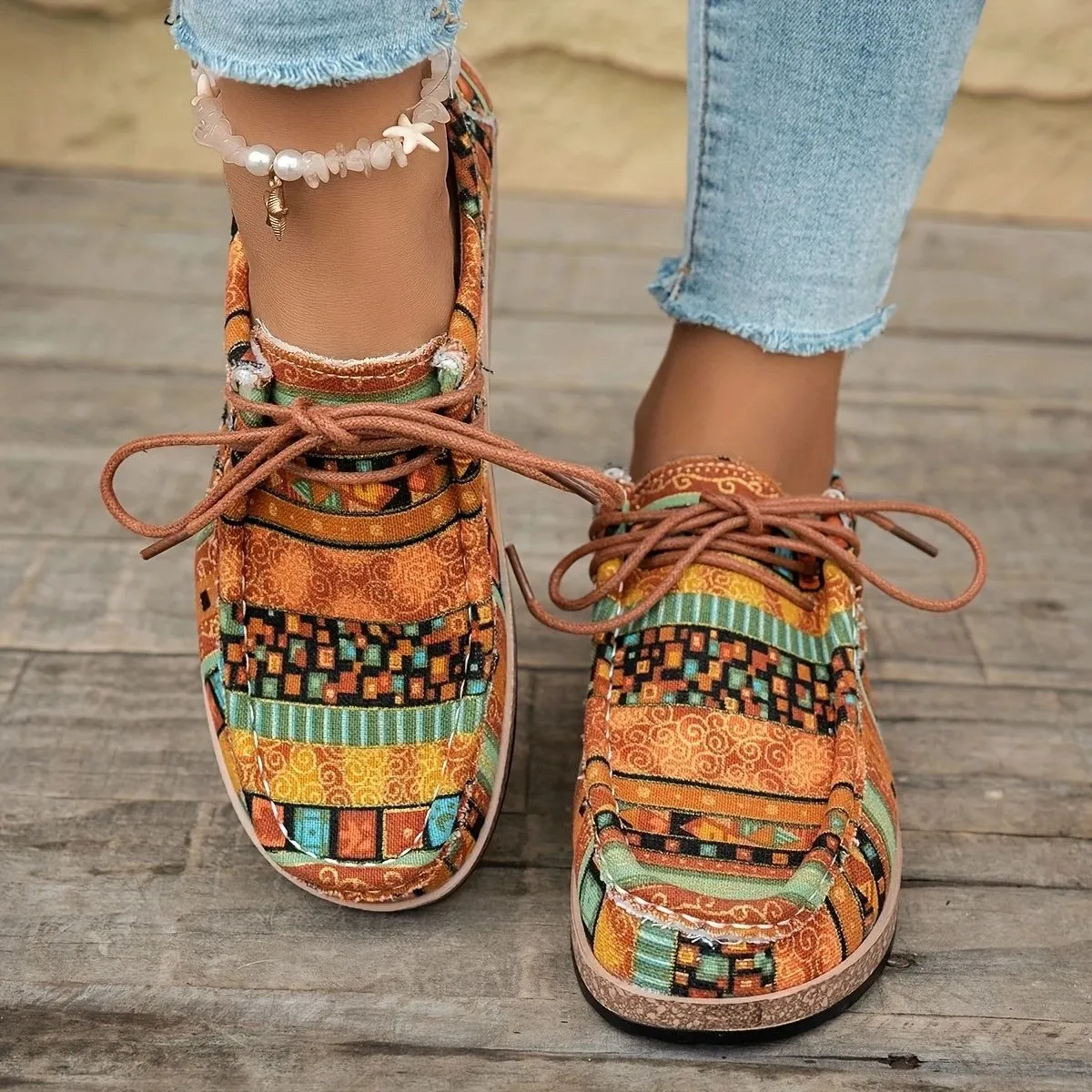 Thick-soled colorful ethnic retro sneakers in blue with fabric upper and rubber sole