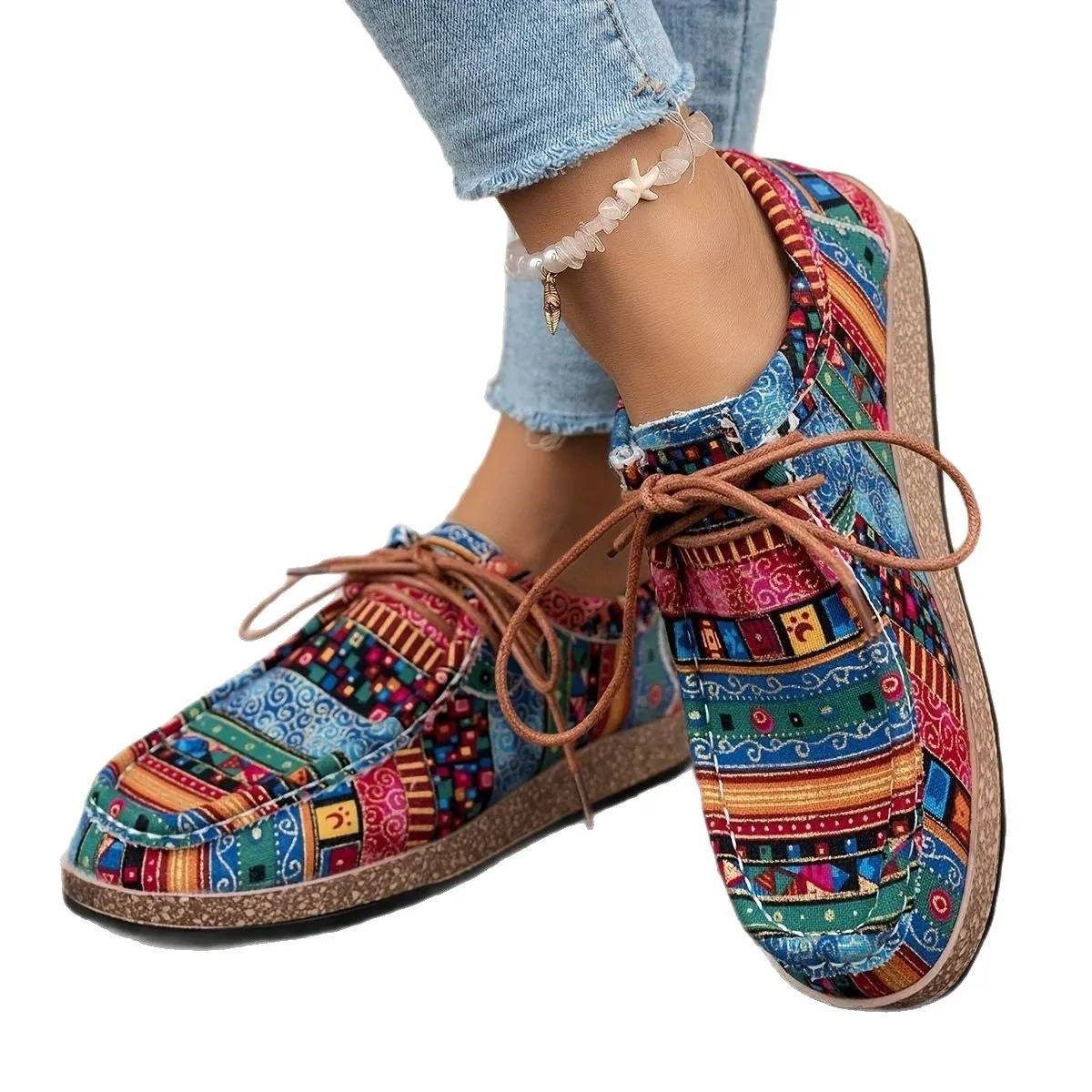 Thick-soled colorful ethnic retro sneakers in blue with fabric upper and rubber sole