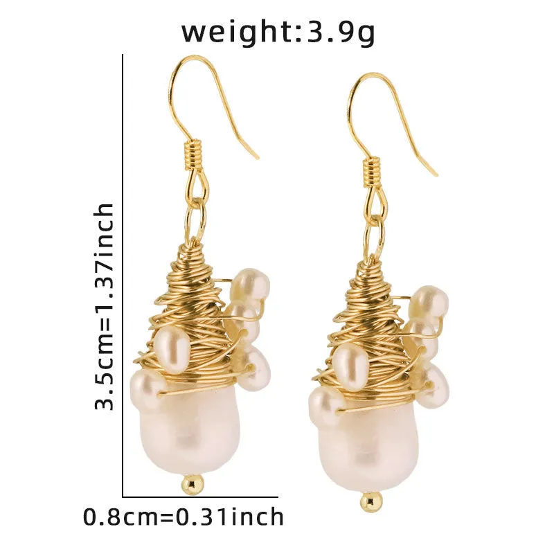 Handmade natural pearl wire-wrapped earrings geometric design white colour for women