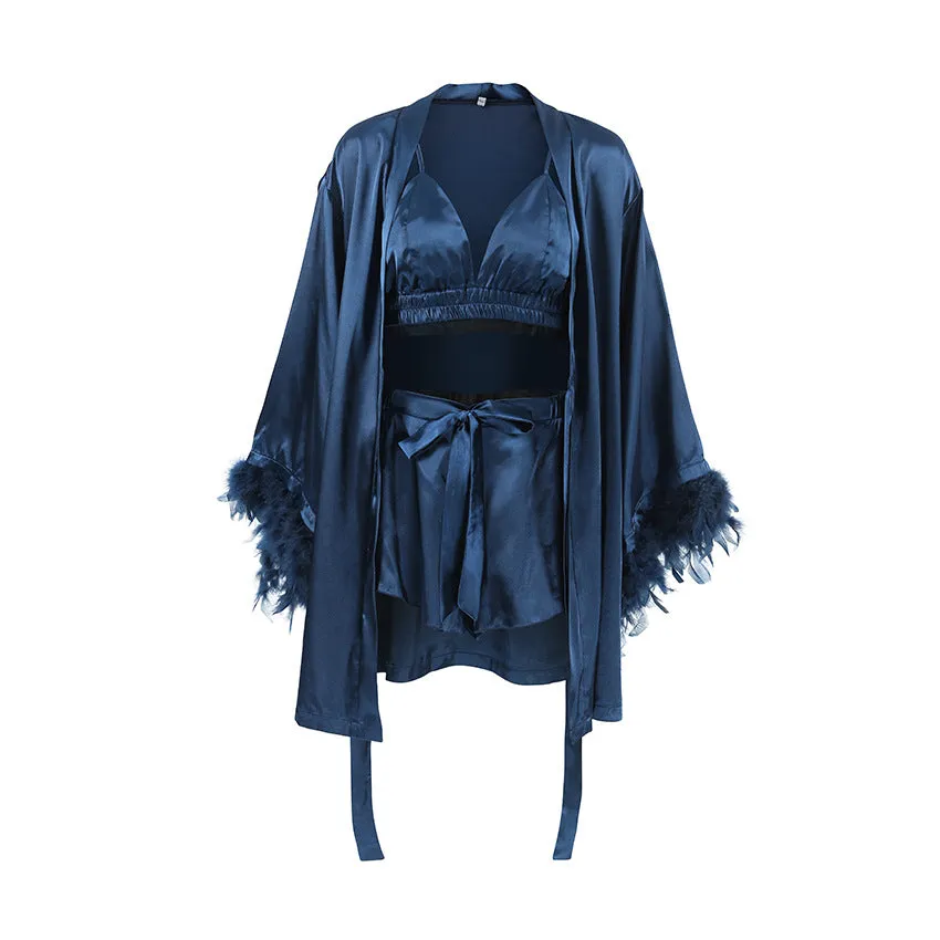 Feather trim satin nightgown and shorts set in black, blue, and white for women
