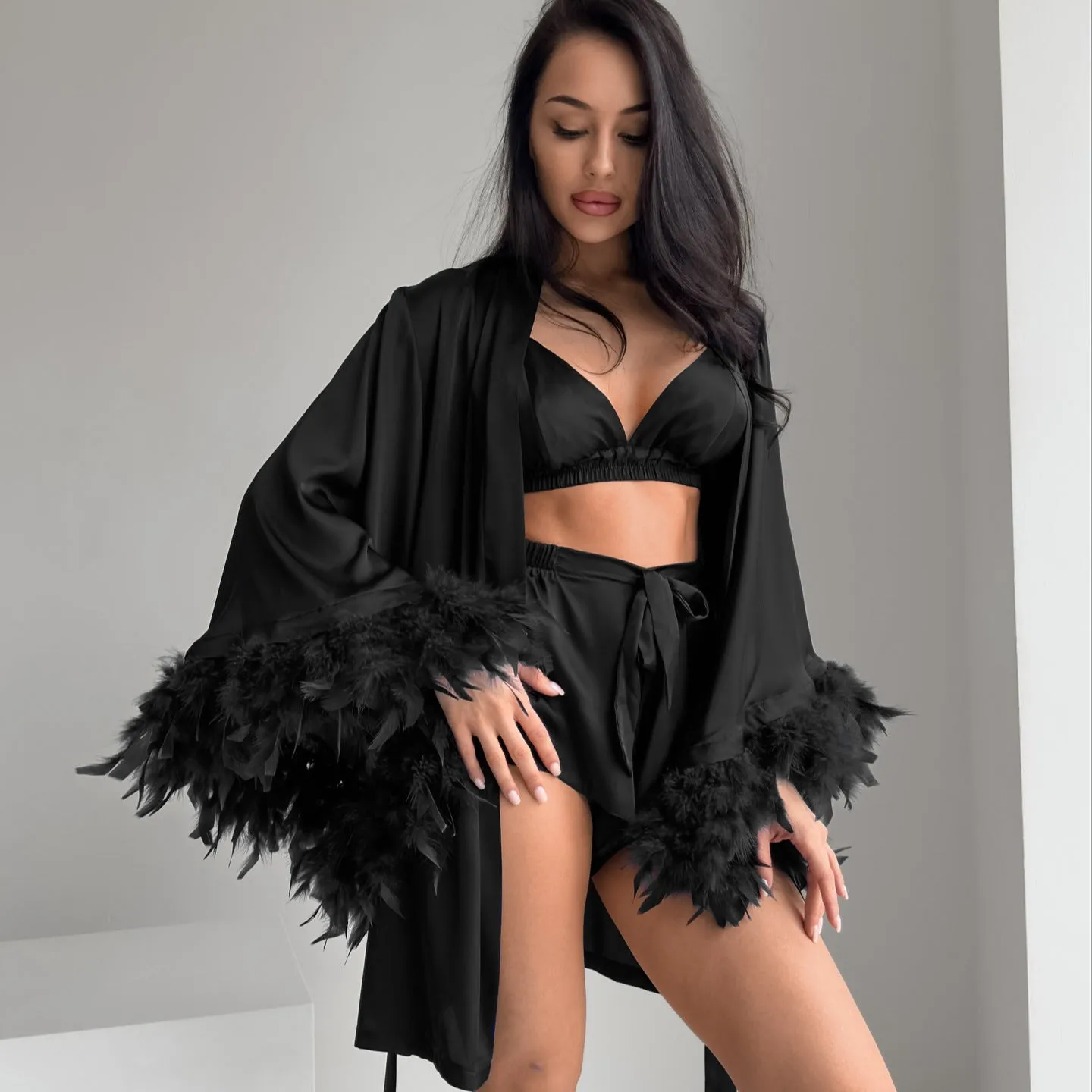 Feather trim satin nightgown and shorts set in black, blue, and white for women