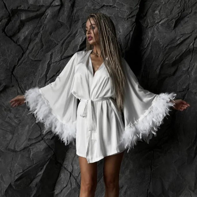 Feather trim satin nightgown and shorts set in black, blue, and white for women