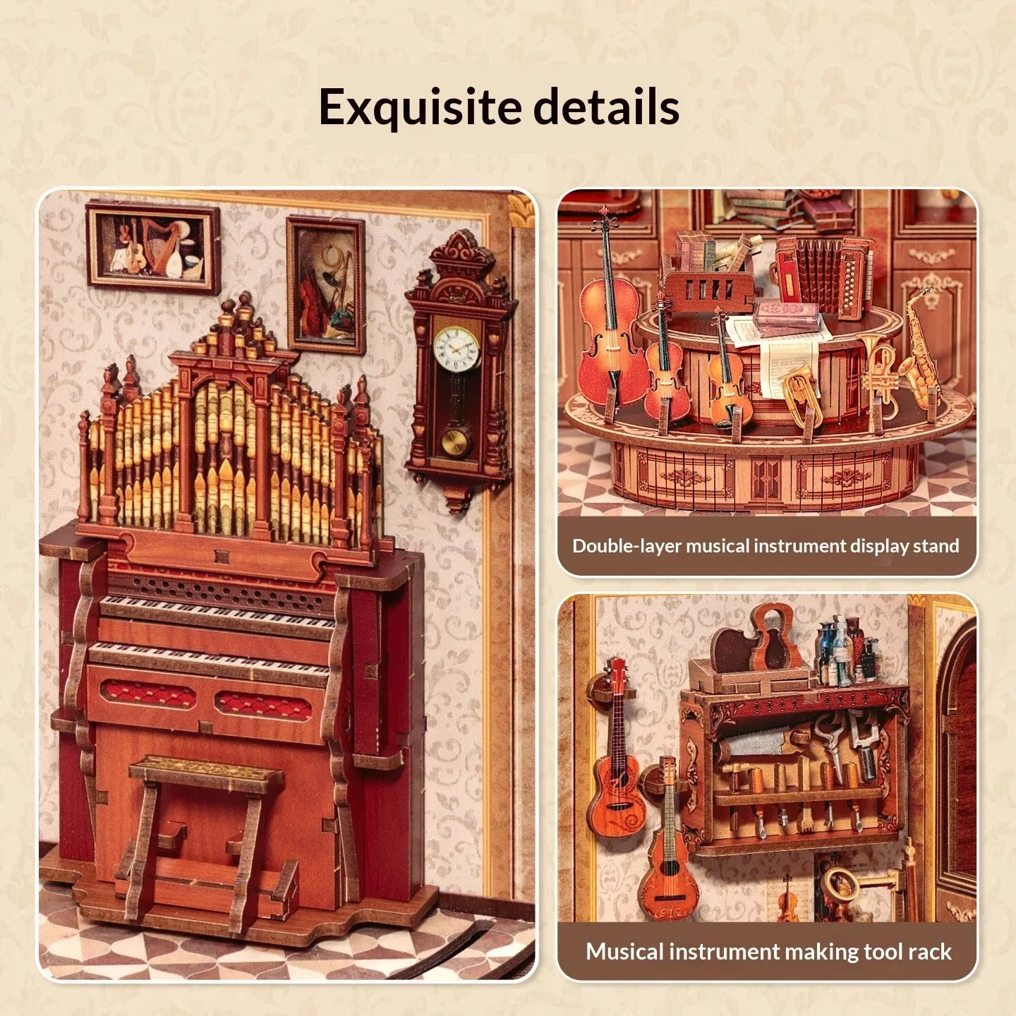 3D wooden puzzle assembly model of a Bach Piano Studio with dust cover option