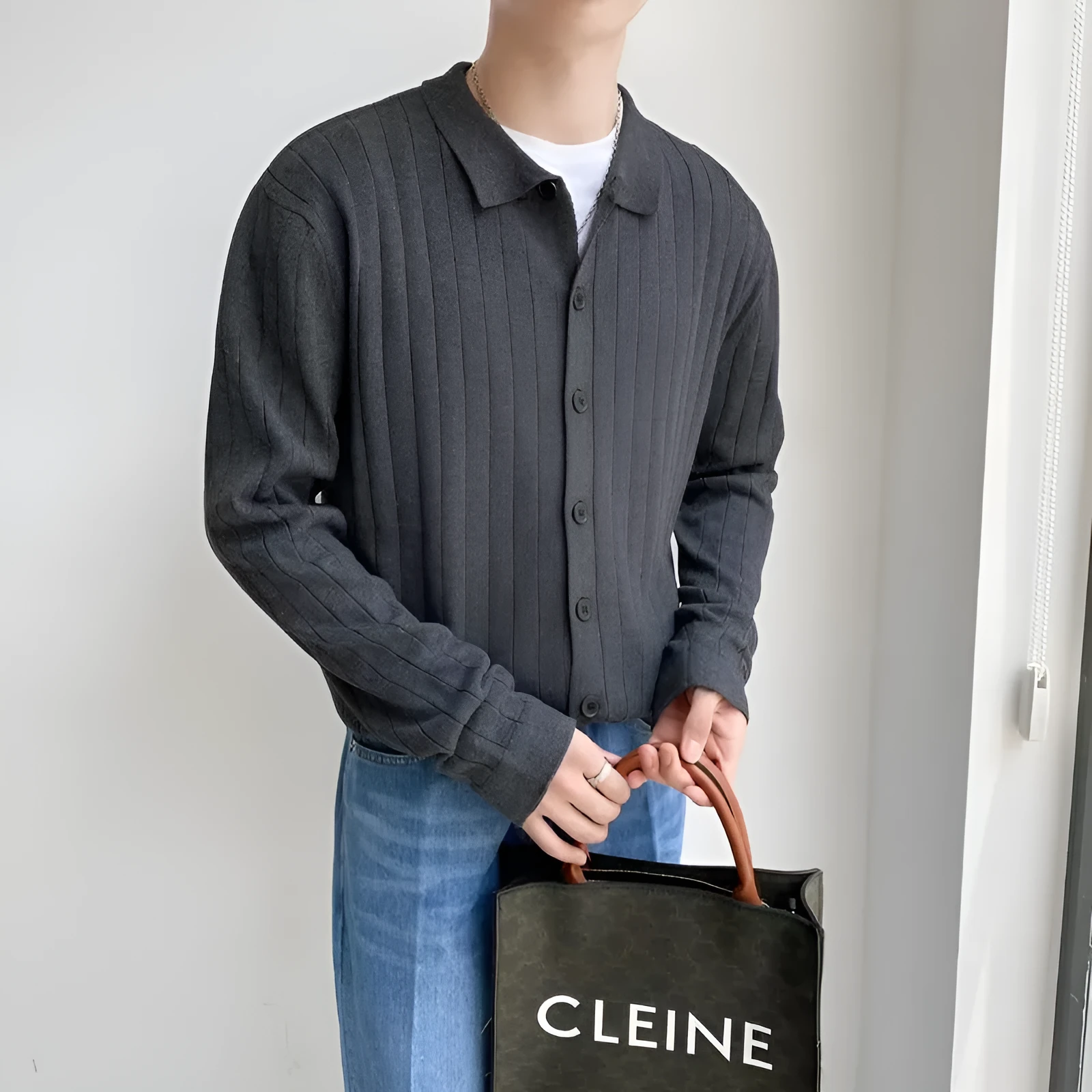 Men's loose lapel cardigan sweater in chenille cotton, available in black, gray, green, white, sizes M to 3XL