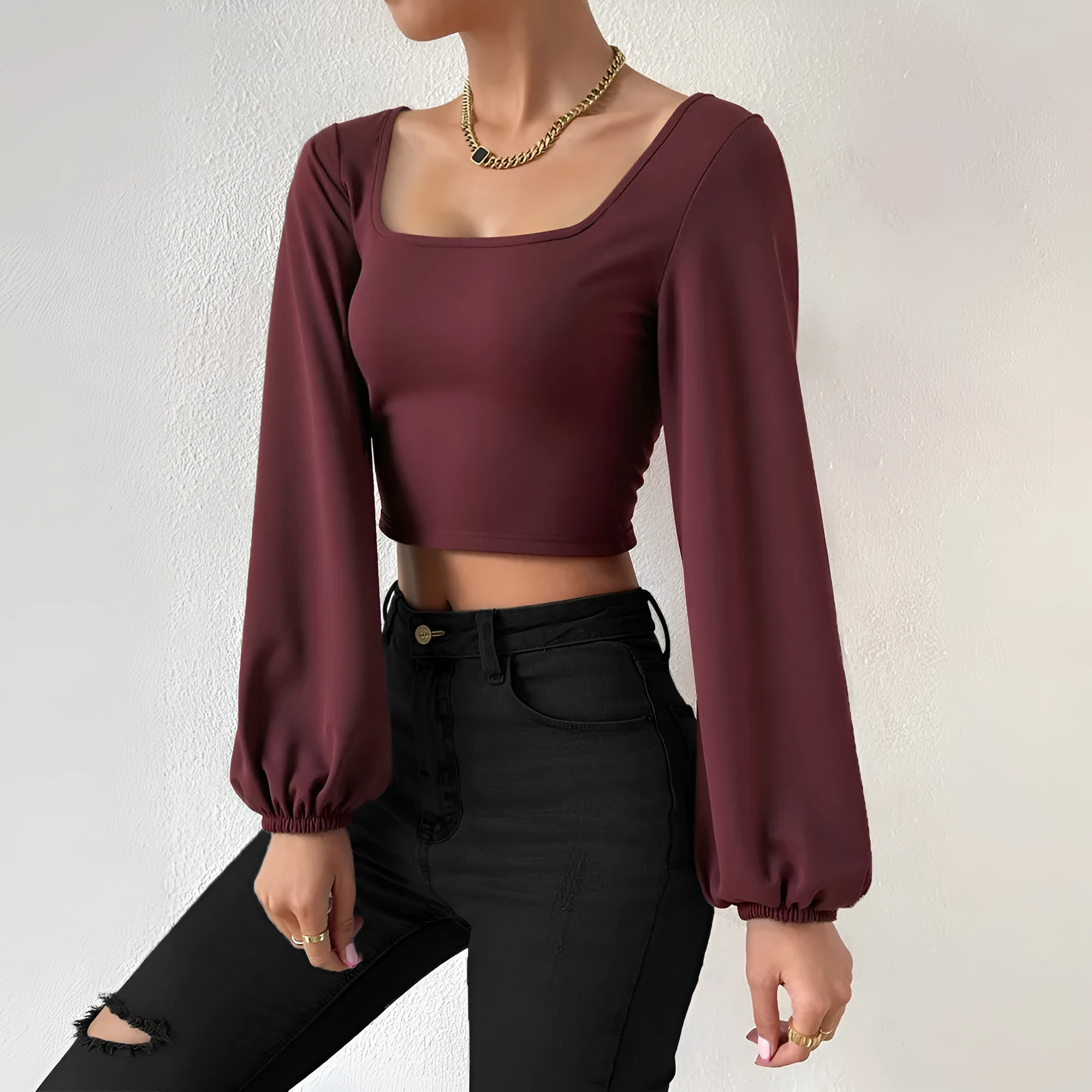 Wine red long-sleeved slim fit shirt with retro lantern sleeves and collage patchwork detail on polyester fabric