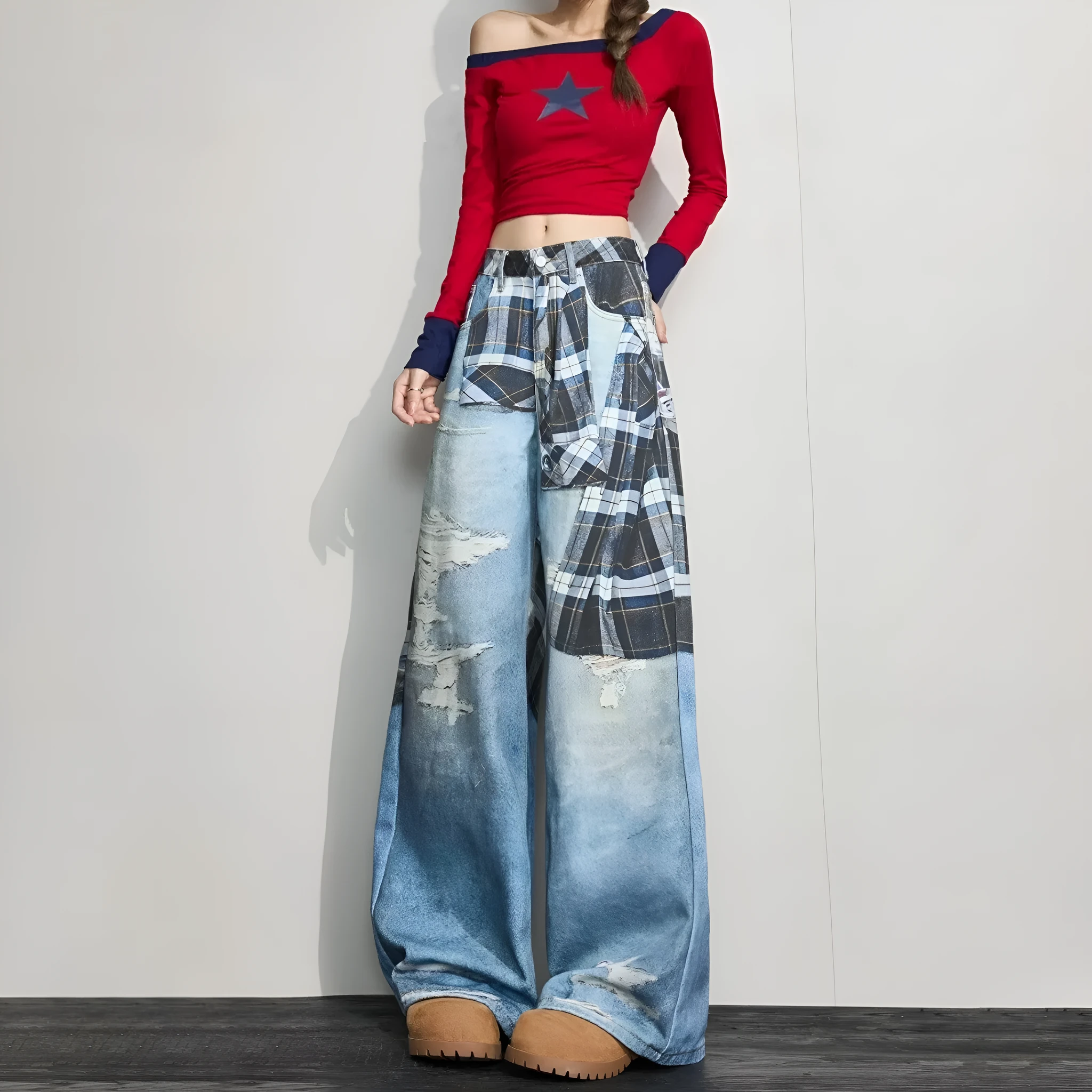 High street wide-leg loose casual pants in blue cotton, straight leg, mid-rise waist, front view