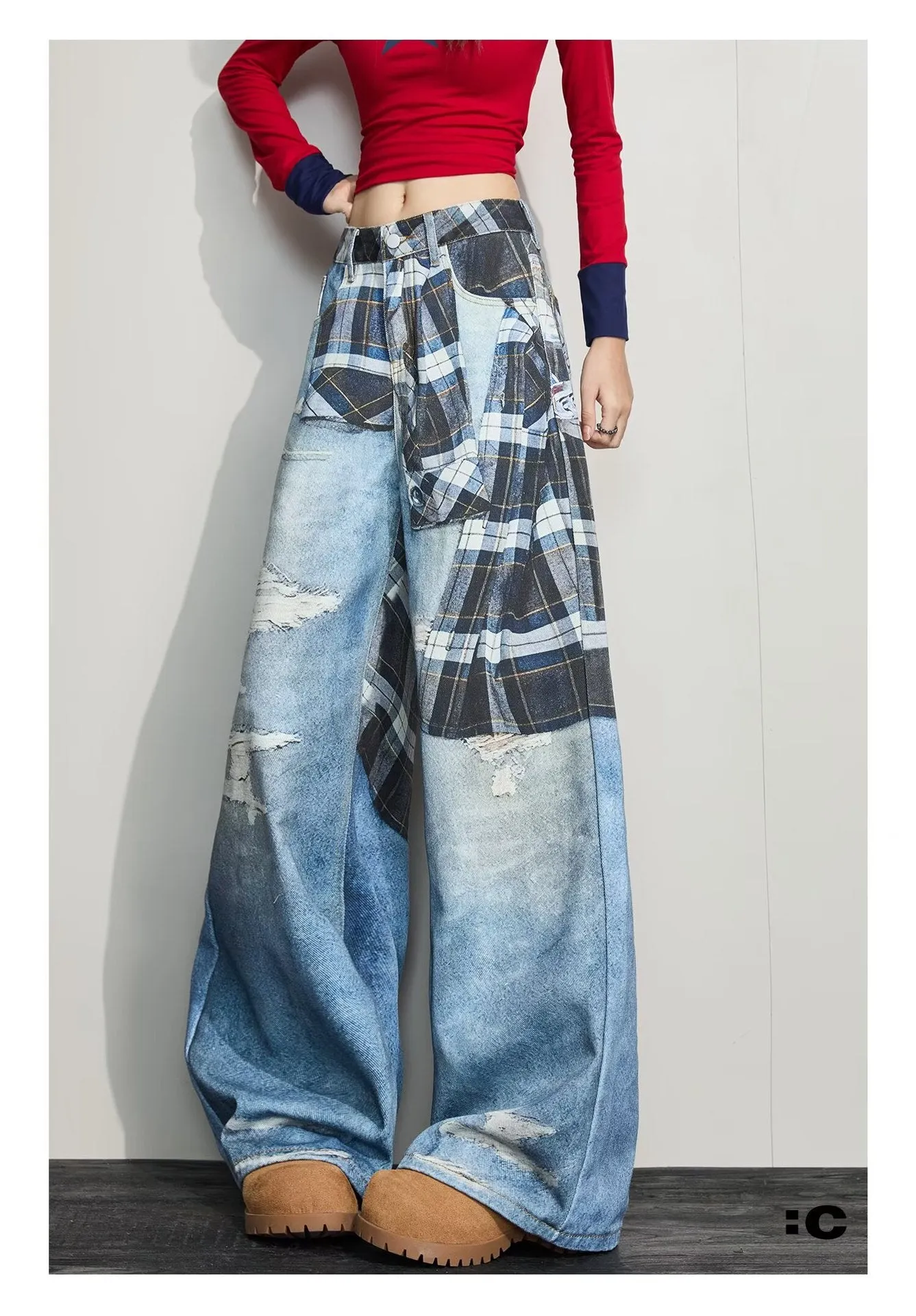 High street wide-leg loose casual pants in blue cotton, straight leg, mid-rise waist, front view