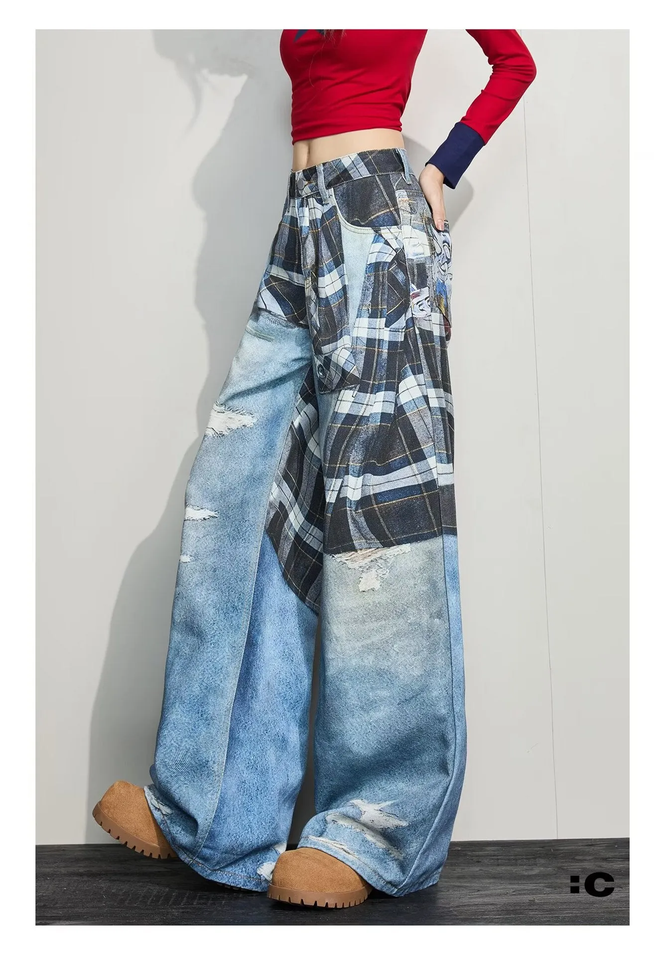 High street wide-leg loose casual pants in blue cotton, straight leg, mid-rise waist, front view