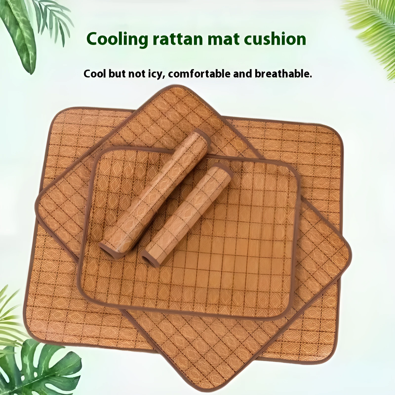Brown rattan fibre dog cooling mat showing woven texture and multiple size options
