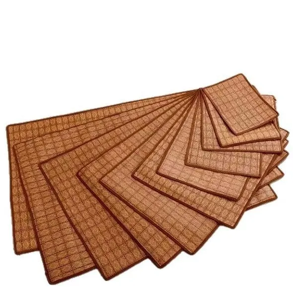 Brown rattan fibre dog cooling mat showing woven texture and multiple size options