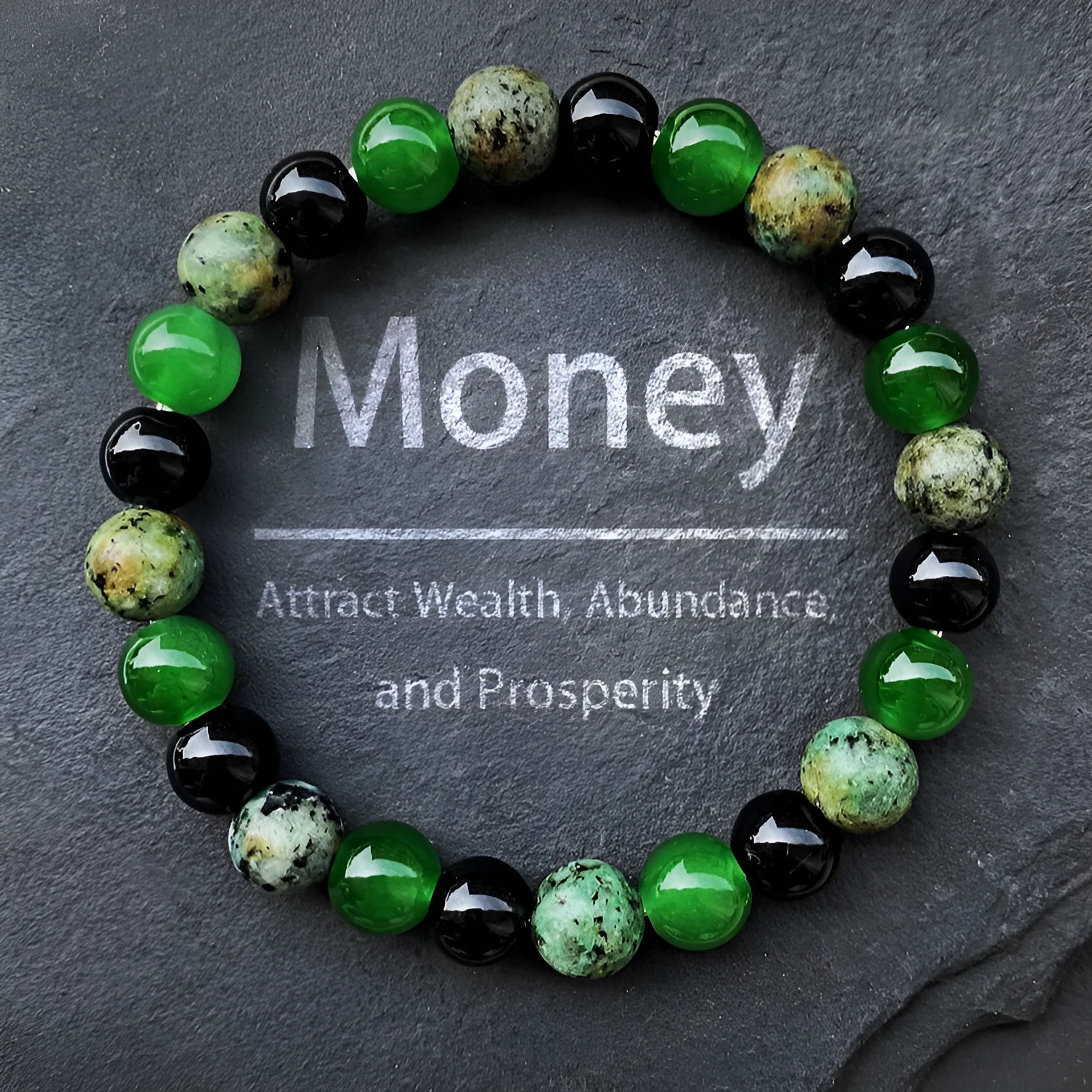 Men's casual green onyx obsidian crystal bracelet with 8mm handmade artificial crystal beads on a wrist
