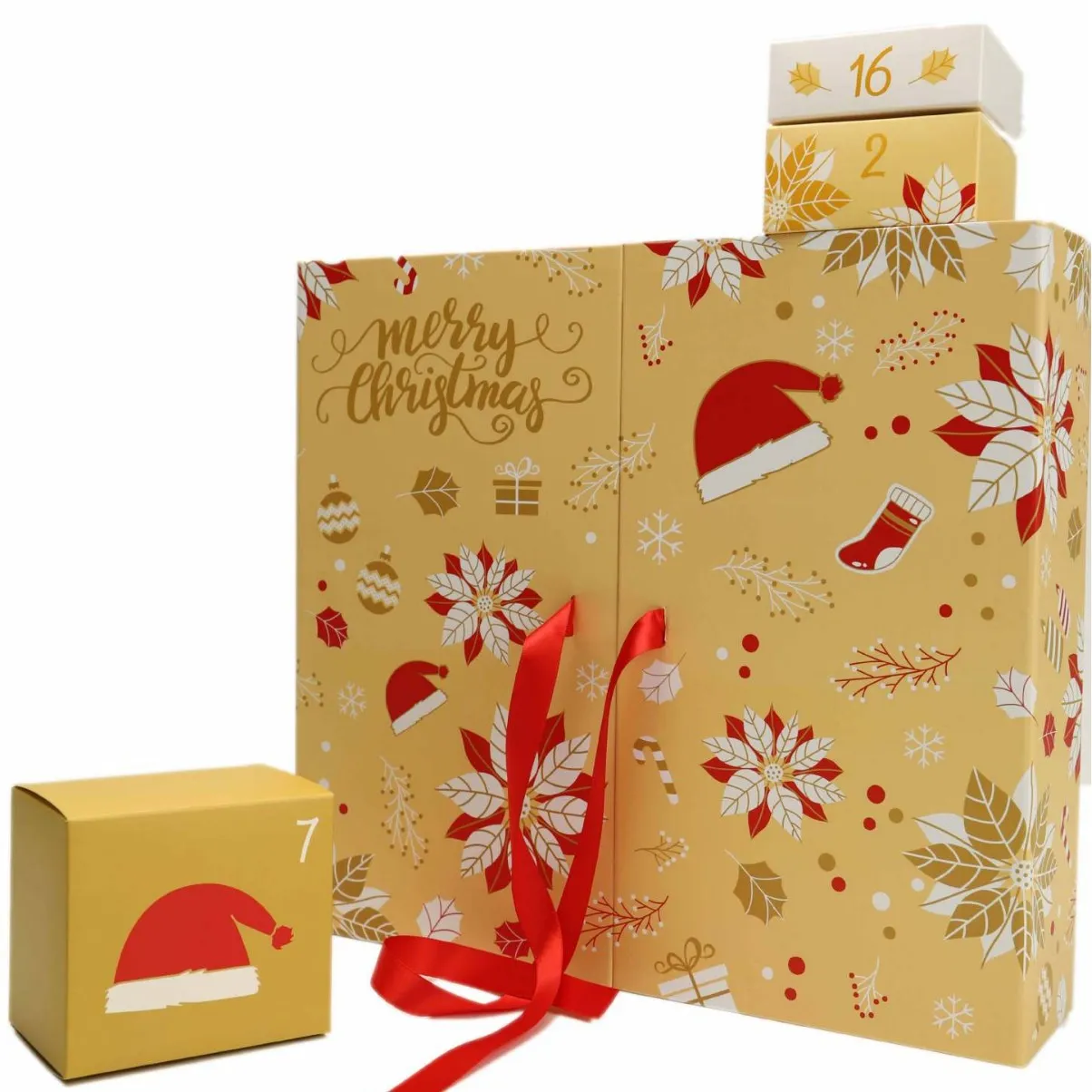 Yellow double door countdown calendar Christmas gift box with oil painting style print, 33x30x8cm, on grey cardboard