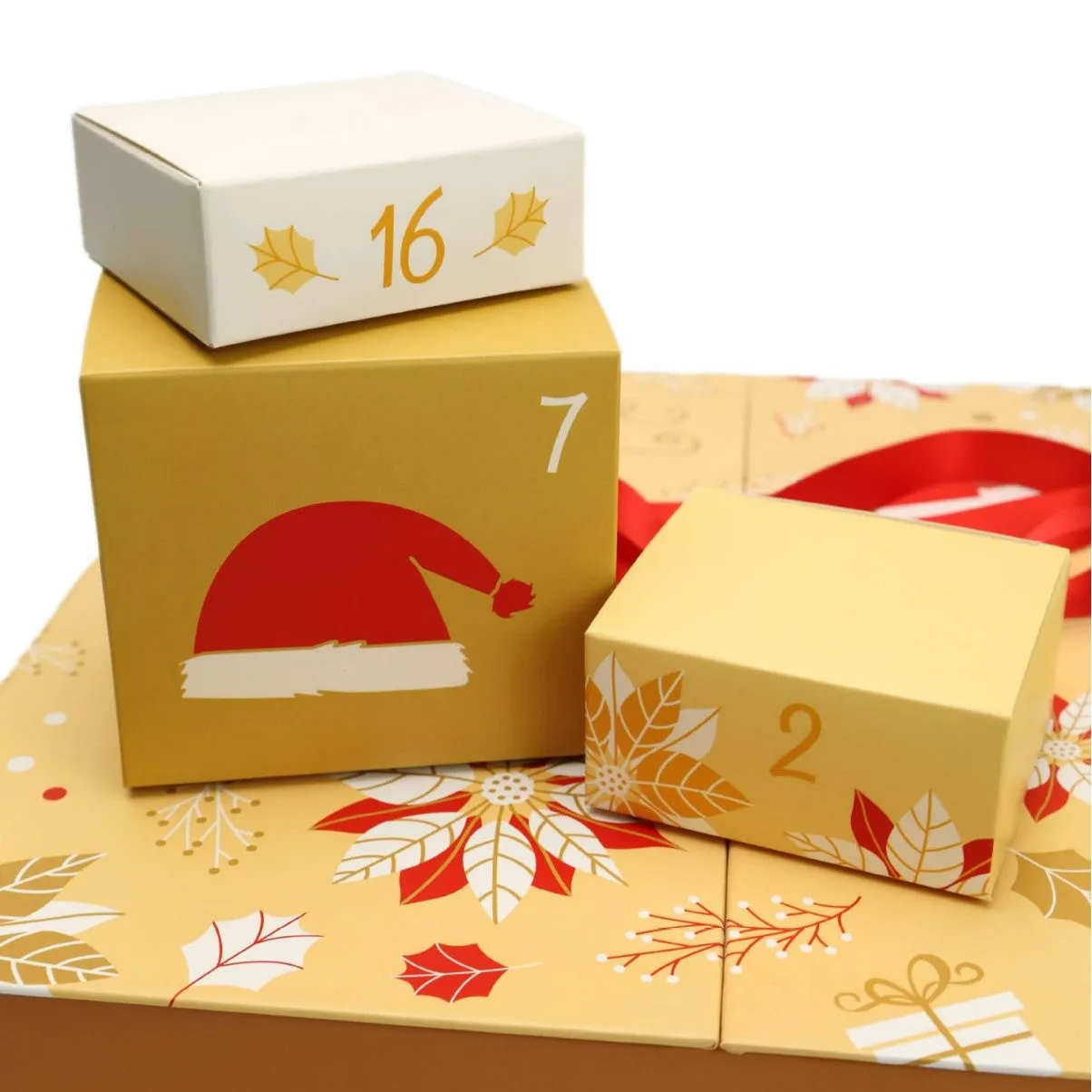 Yellow double door countdown calendar Christmas gift box with oil painting style print, 33x30x8cm, on grey cardboard