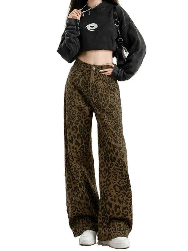 Women's leopard print denim floor-length loose-fit straight pants with wide waist
