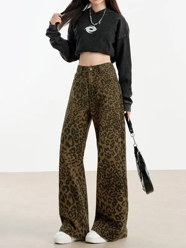 Women's leopard print denim floor-length loose-fit straight pants with wide waist