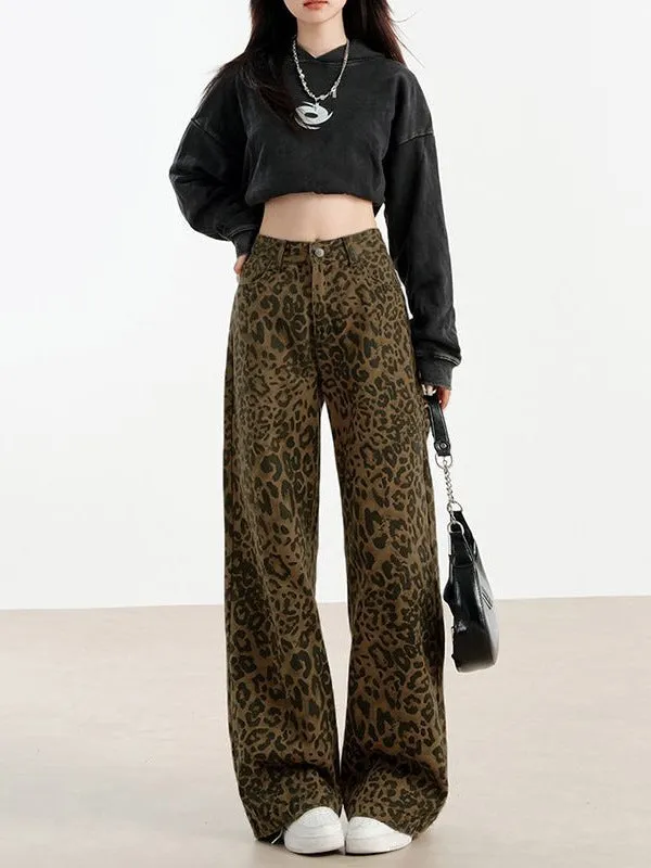 Women's leopard print denim floor-length loose-fit straight pants with wide waist
