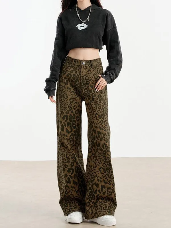 Women's leopard print denim floor-length loose-fit straight pants with wide waist
