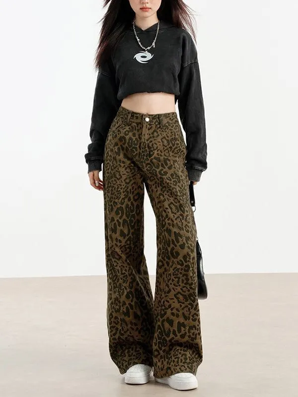 Women's leopard print denim floor-length loose-fit straight pants with wide waist