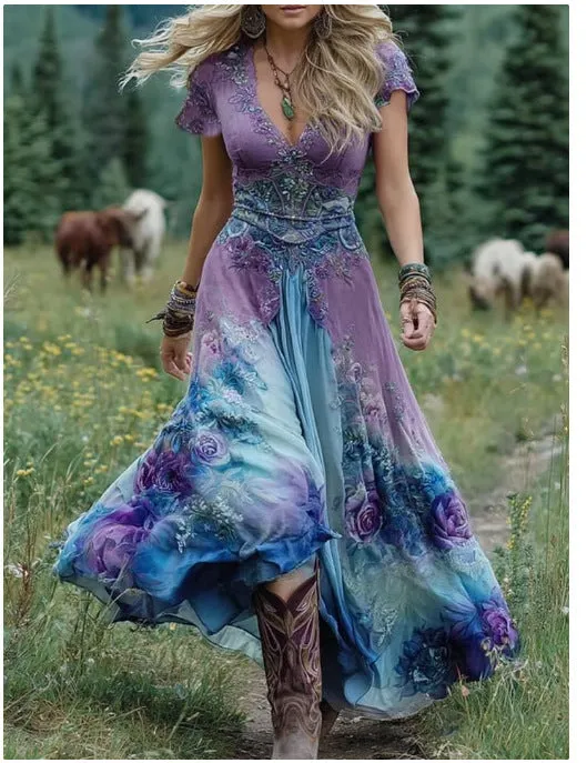 Women's loose creative pattern dress with deep V neckline and short sleeves in artistic retro style