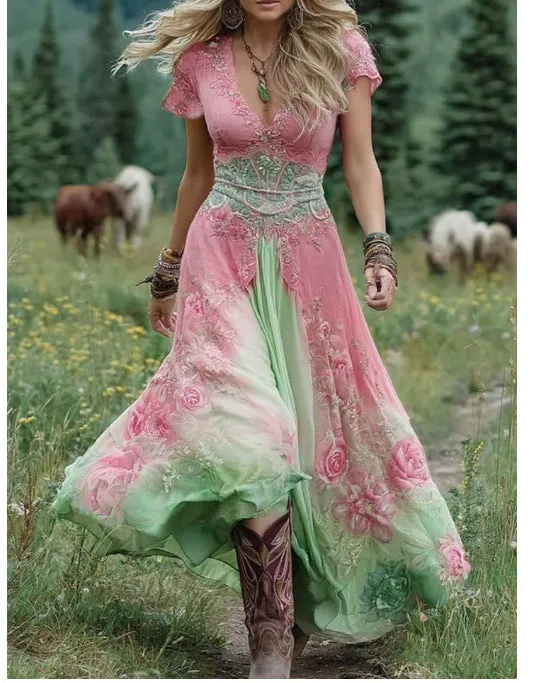 Women's loose creative pattern dress with deep V neckline and short sleeves in artistic retro style