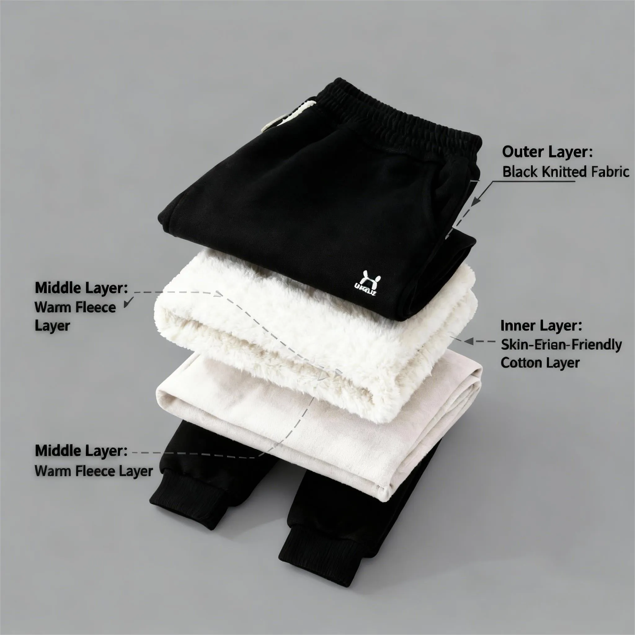 Children's trousers in black and blue with drawstring waist and ribbed hem, sizes 22-26 for ages 3-7
