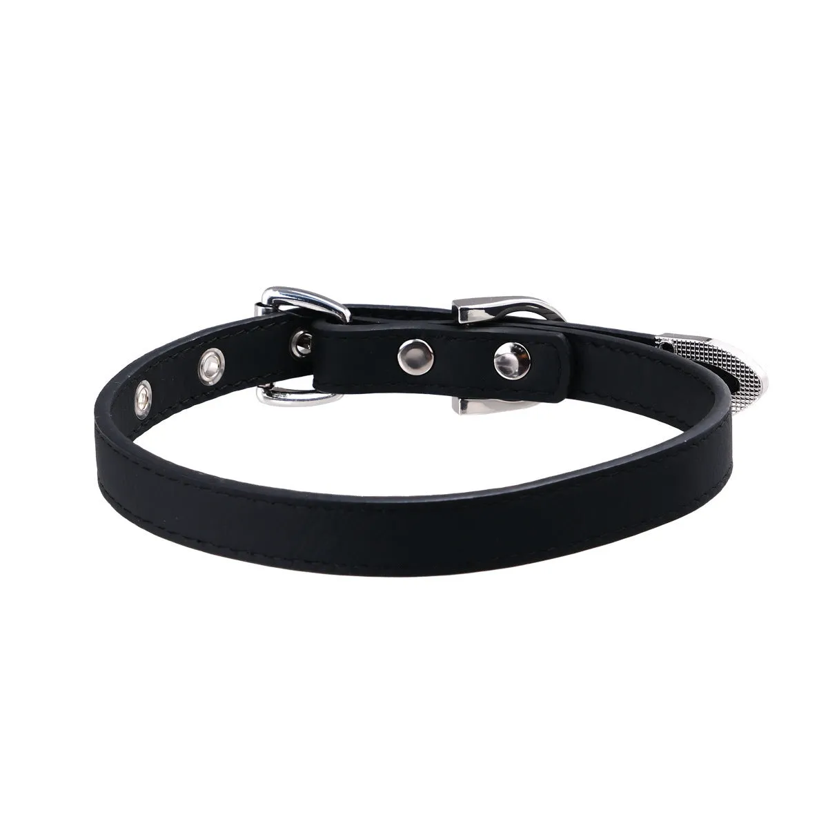 Black leather collar with geometric metal pendant on adjustable chain