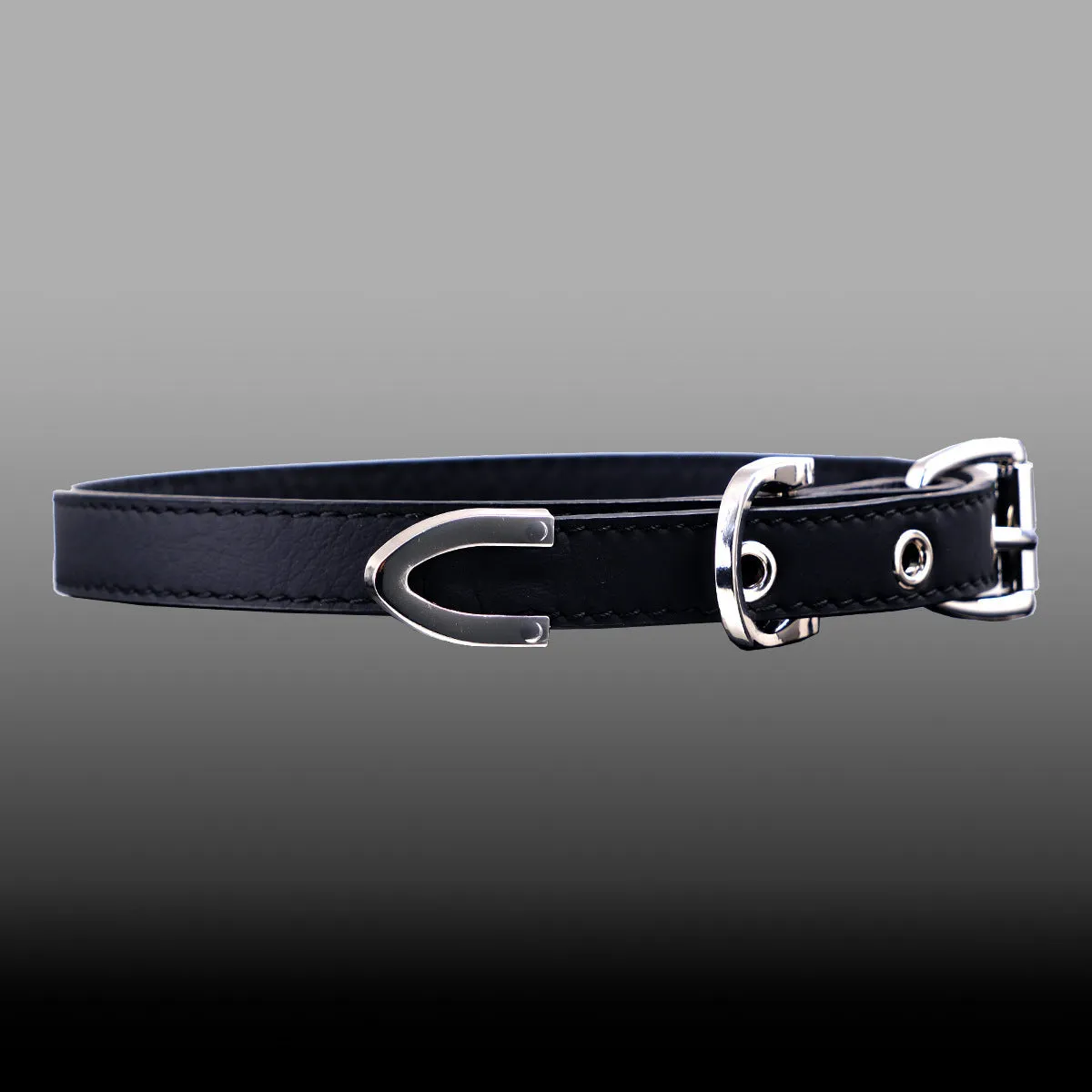 Black leather collar with geometric metal pendant on adjustable chain