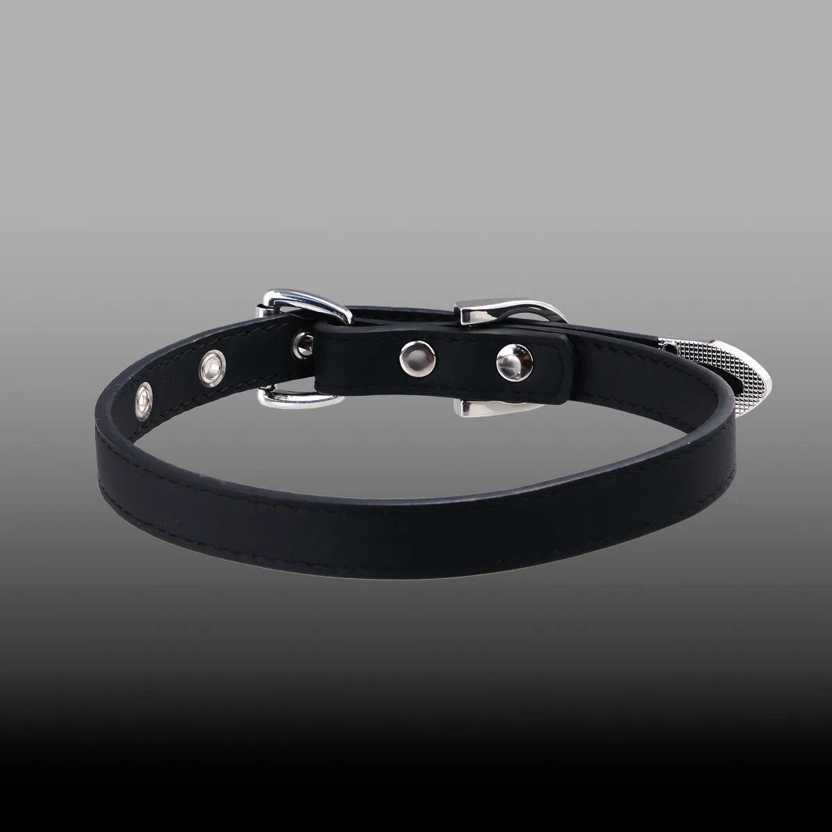 Black leather collar with geometric metal pendant on adjustable chain