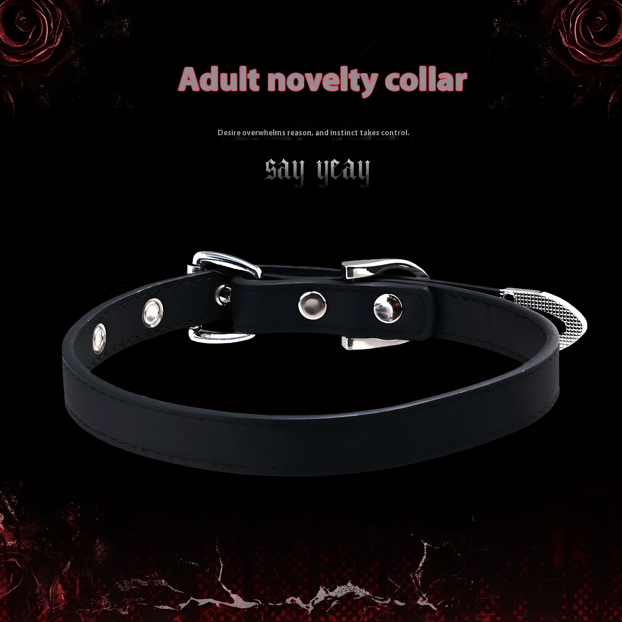 Black leather collar with geometric metal pendant on adjustable chain