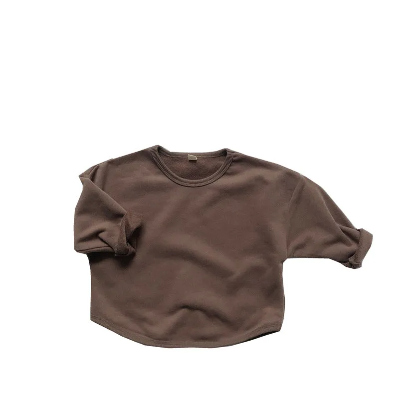 Children's basic long-sleeved sweatshirt in solid colour cotton knit, unisex Korean style, 80-130cm height options