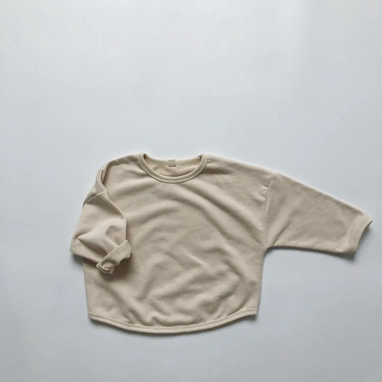 Children's basic long-sleeved sweatshirt in solid colour cotton knit, unisex Korean style, 80-130cm height options